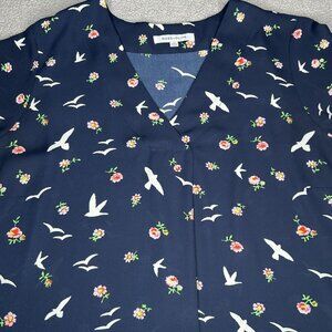 Rose + Olive Blouse Womens 1X Navy Bird Floral Print V Neck Tunic Top Boho
